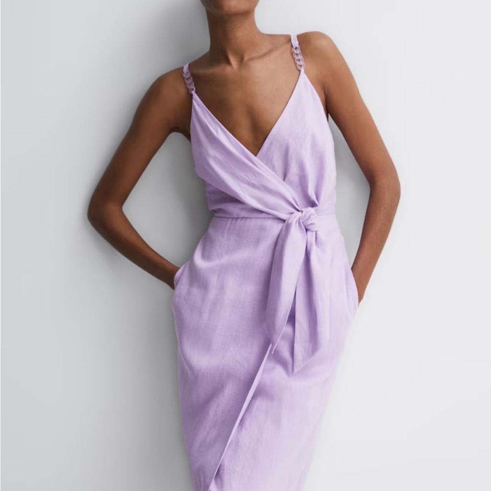Reiss Lilac Wrap-Front Midi Dress with Tie Waist
